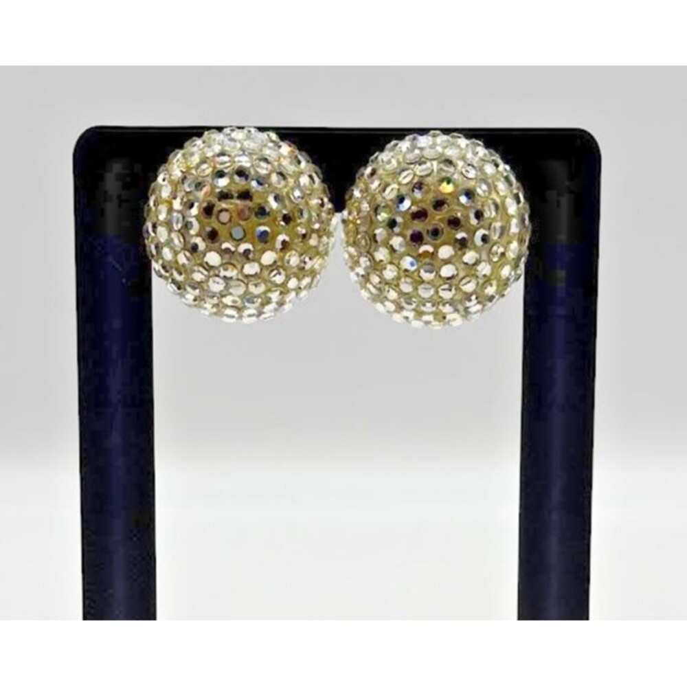 Vintage Clear Rhinestone Dome Clip On Earrings Silver Tone 1" Unknown Brand